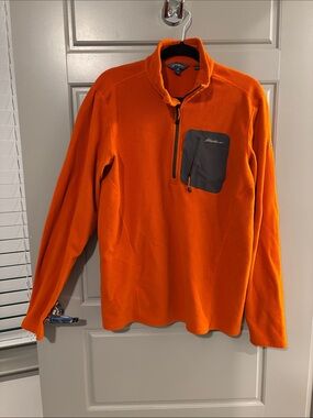 Eddie Bauer Men’s Bright Orange Quarter-Zip Fleece with Gray Chest Pocket